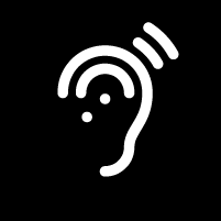 Graphic, Outline of an ear with two dots inside it and vibrations above it, in white on a black background.
