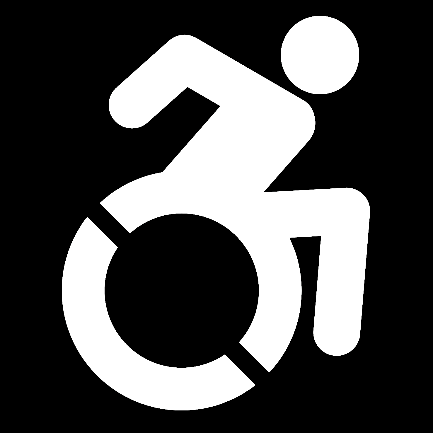 Graphic, Outline of a person in a mobility device moving forward in motion in white on a black background. 
