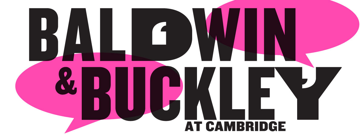 Text, Baldwin & Buckley at Cambridge in black bold font on top of pink text bubbles