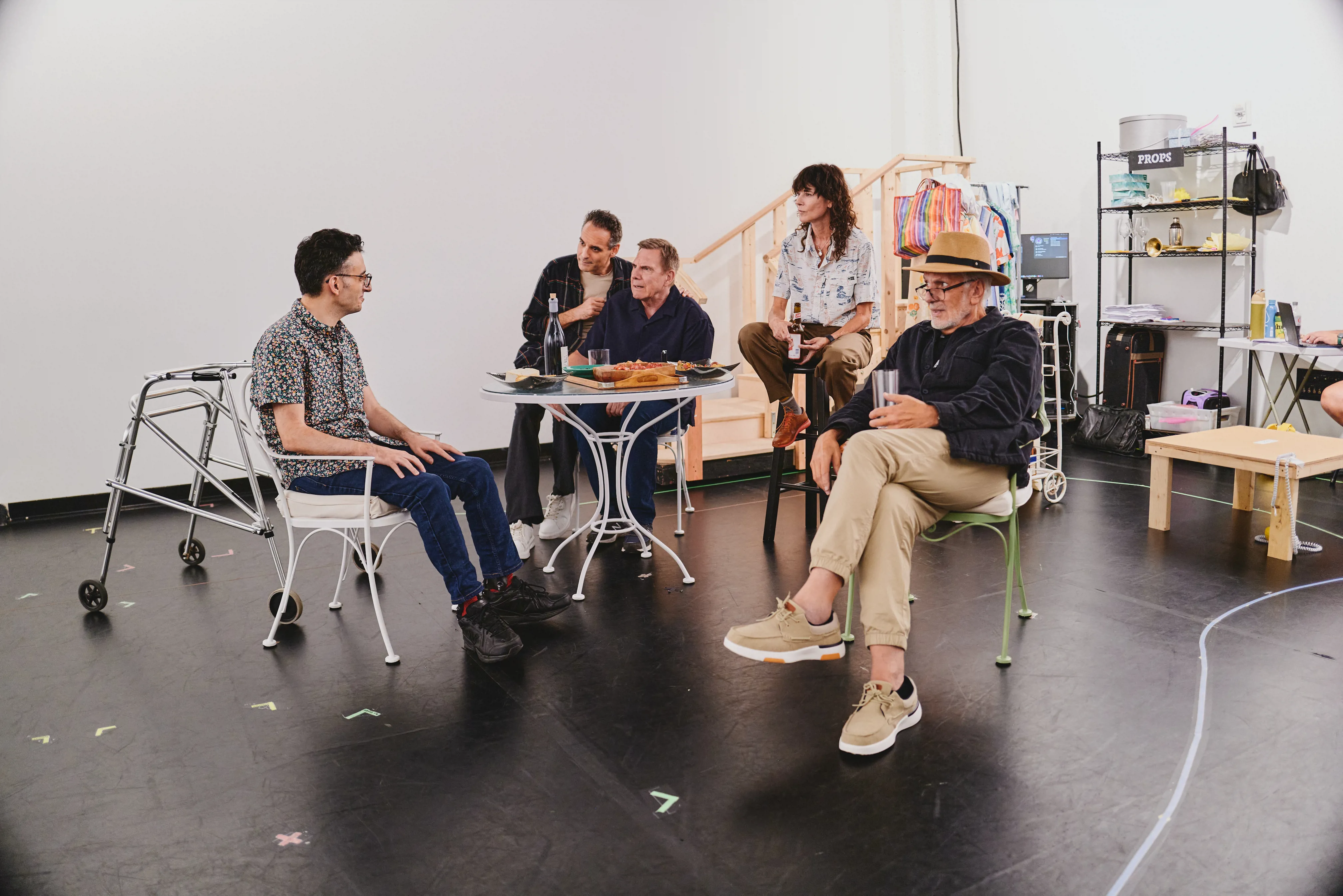 L-R: Ryan J. Haddad, Jonathan Raviv, Tim Bagley, Beth Malone, Michael Cristofer. Rehearsal photo by Jenny Anderson.