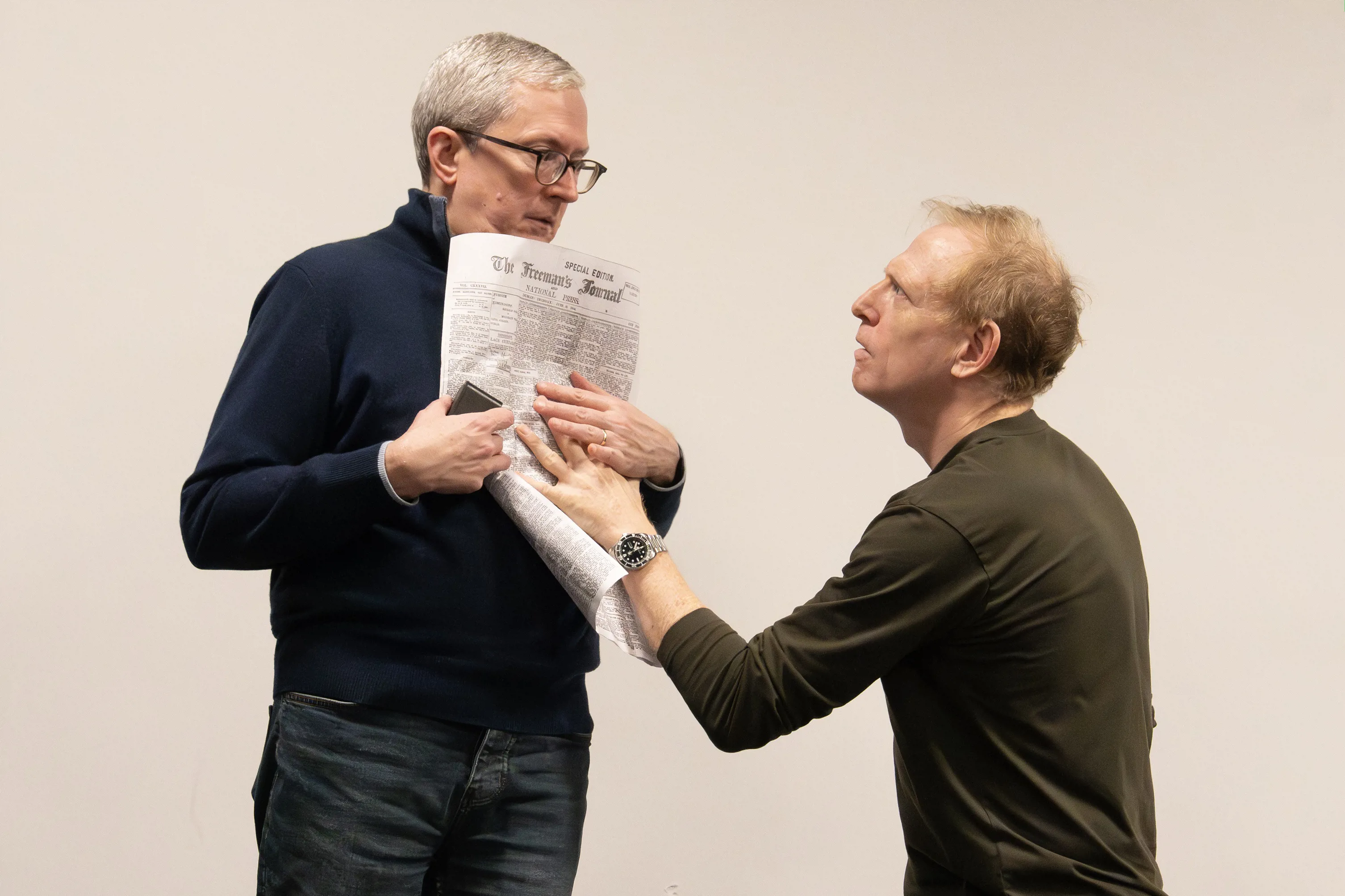 Vin Knight and Scott Shepherd in rehearsal for Elevator Repair Service’s ULYSSES at The Public Theater, in partnership with Under The Radar Festival. Photo credit: Joan Marcus.