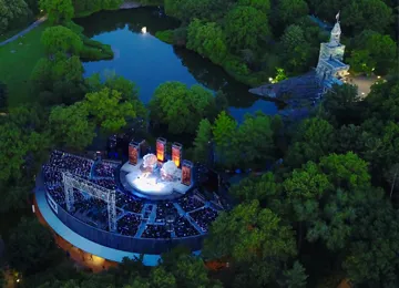 Aerial Photo of The Delacorte Theater with the Turtle Pond and Belvedere Castle. Photo Credit: Steve Brown